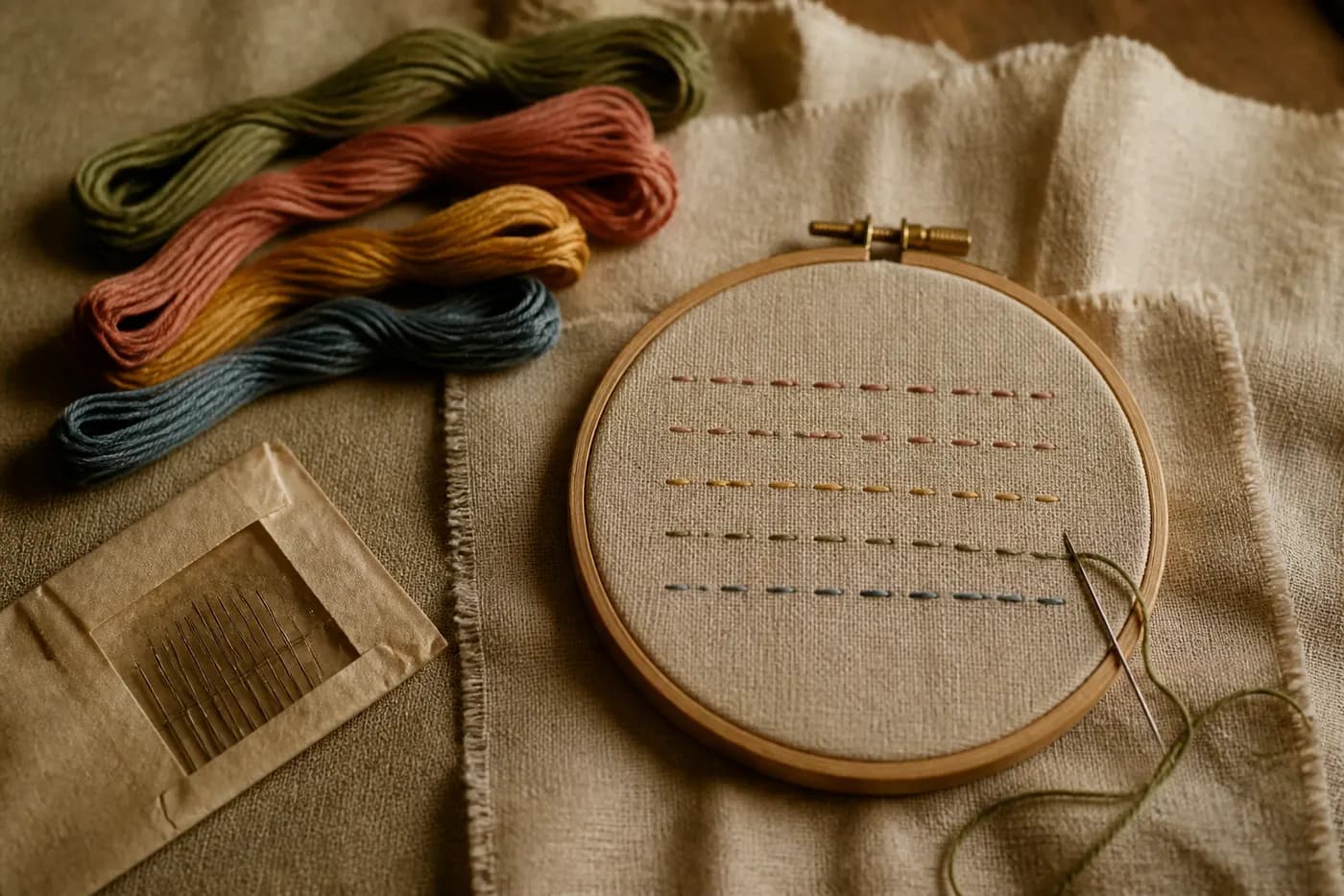 Editorial still life of a small embroidery hoop, floss, and needles. Generated graphic, no people.