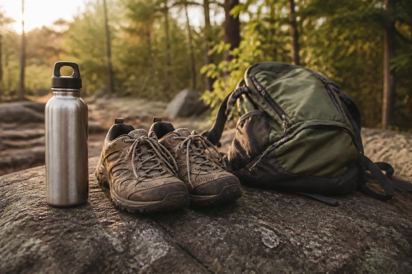 Editorial still life of a flask, trail shoes, and a small daypack at a trailhead. Generated graphic, no people.