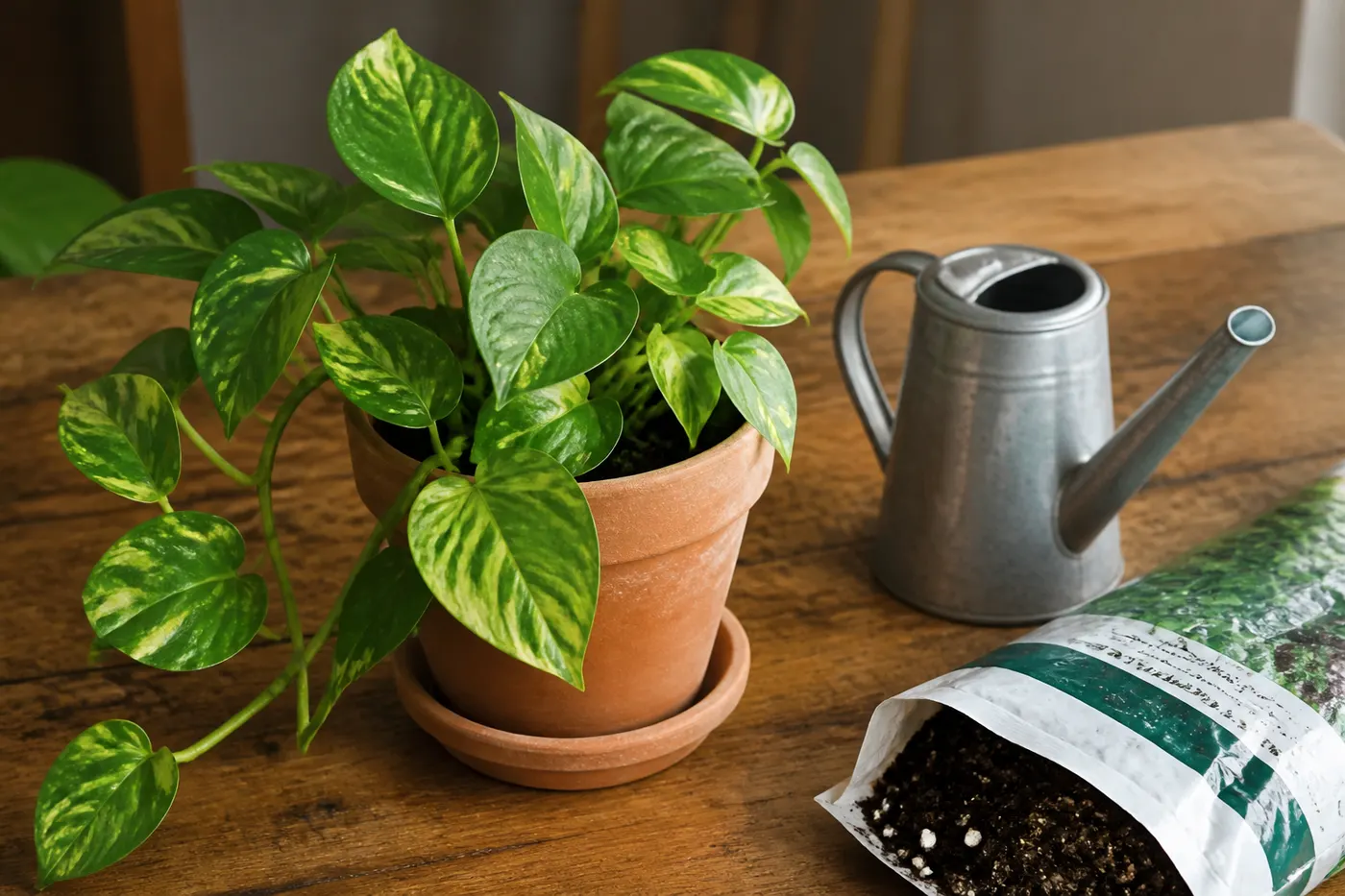 Editorial still life of a pothos in a terracotta pot, a watering can, and potting mix. Generated graphic, no people.