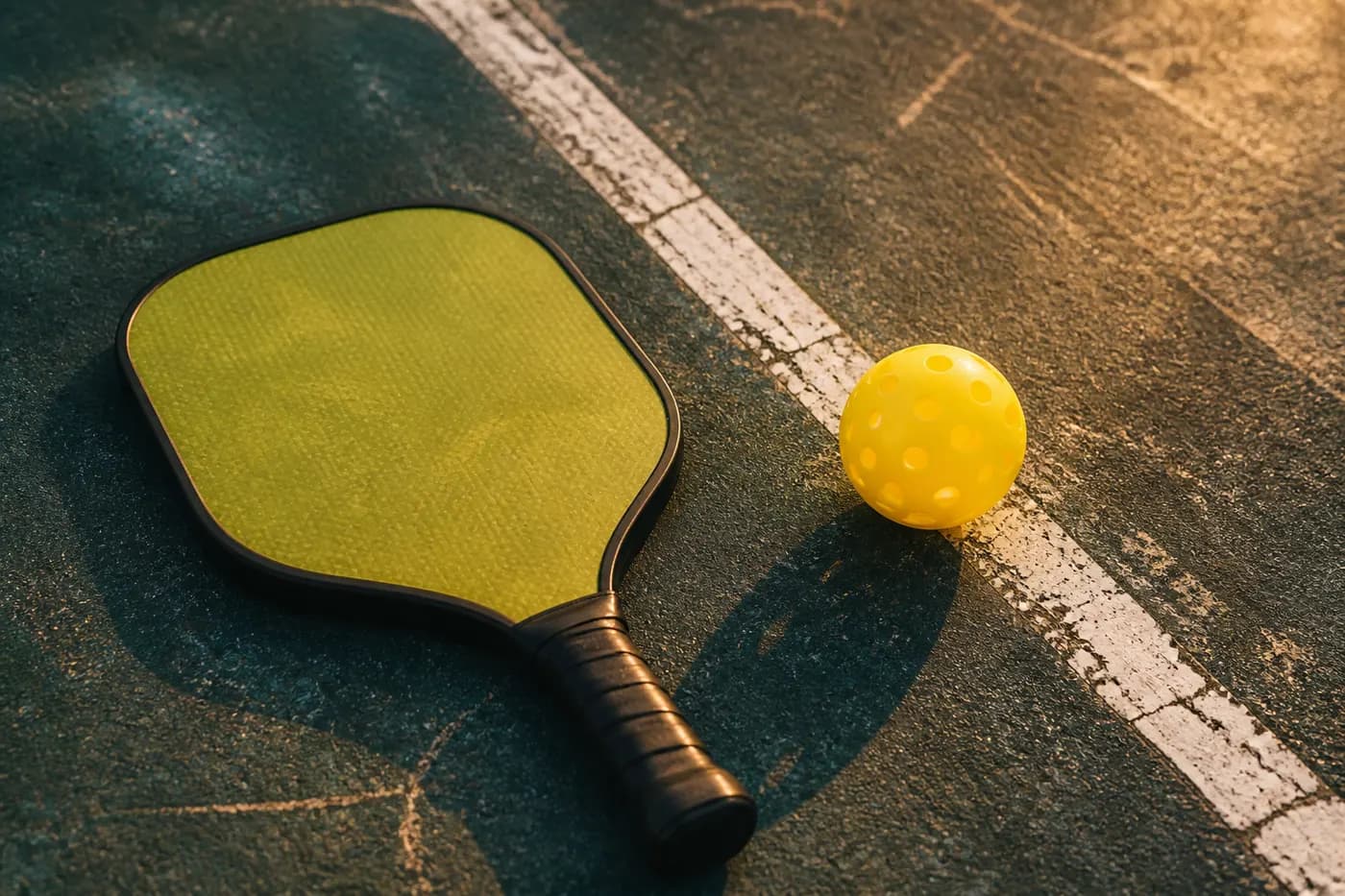 Editorial still life of a pickleball paddle and a yellow perforated ball on a court line. Generated graphic, no people.