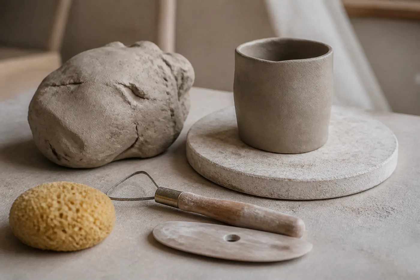 Editorial still life of stoneware clay, hand tools, and an imperfect cup. Generated graphic, no people.